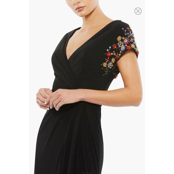 Mac Duggal 55709 Black Beaded Sleeve Jersey Wrap Dress Cocktail Gown - Picture 2 of 8